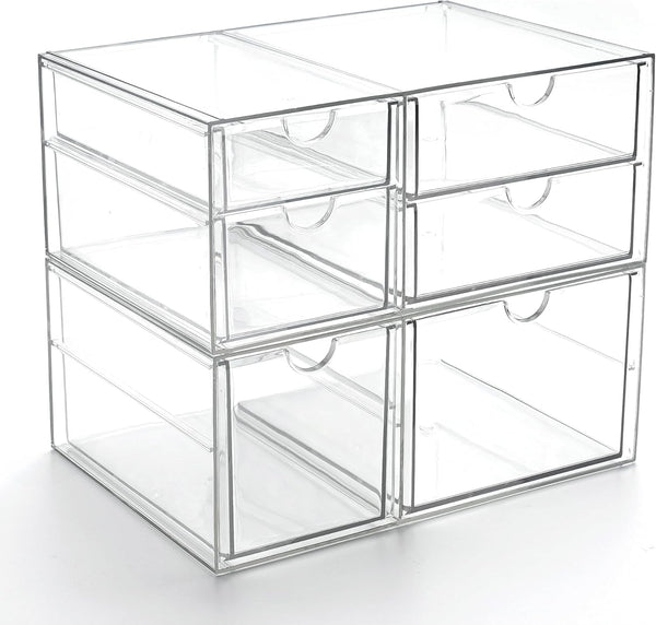 Prsildan Acrylic Drawer Makeup Organizer with 6 Drawers, Set of 2 Clear Stackable Storage for Vanity and Office