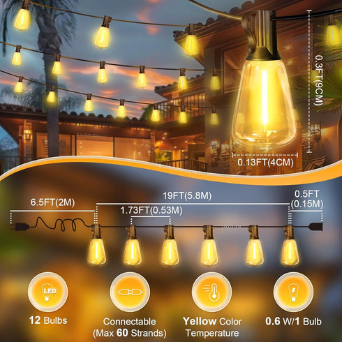 26Ft ST38 Lights,12+1 LAMPHOME Outdoor Yellow String Lights, Connectable Waterproof Patio Shatterproof LED Hanging