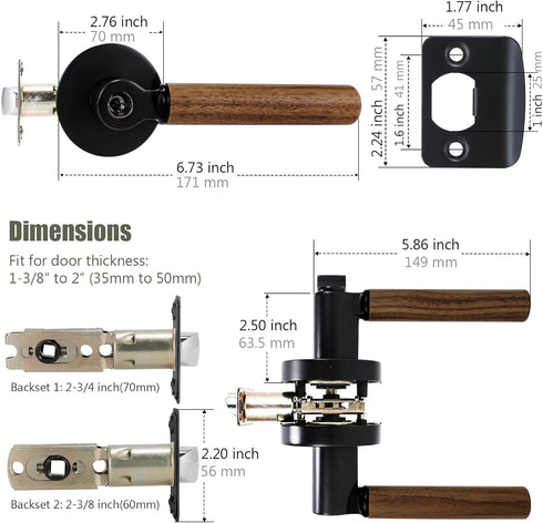 Locksets (1 Pack, Walnut Wood Privacy Door Lever - Reversible Keyless Door Handles for Interior Bedrooms&Bathrooms Room