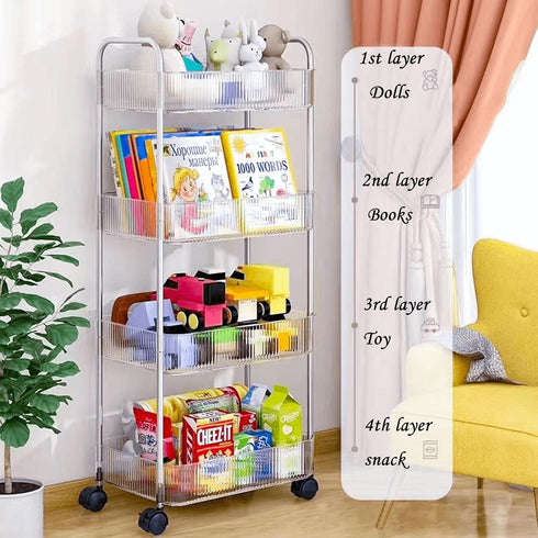Dalekana 4-Tier 8.2W 13L 35.8H Plastic Clear Rolling Utility Cart with Wheels, Lightweight-Usage Multifunctional