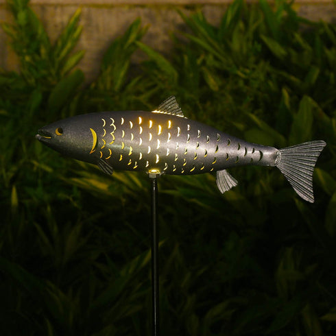 (Silver-2) KAIXOXIN Solar Garden Lights Metal Fish Decorative Stake for Outdoor Patio Yard Decorations,Warm White LED