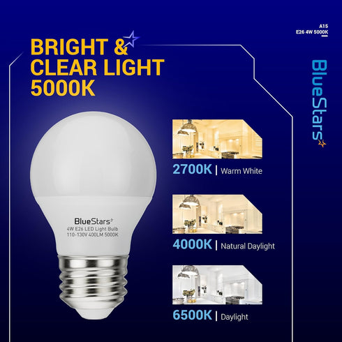 BlueStars A15 LED Refrigerator Light Bulb, 4W (40 Watt Equivalent), E26 Base, 5000K Daylight, 2-Pack