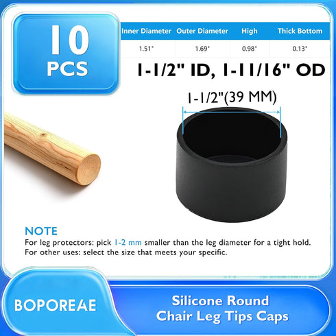 10 1-1/2" (39 mm) Pcs Round Chair Leg Tips Caps, Silicone Rubber Furniture Leg Floor Protectors, Reduce Noise Folding
