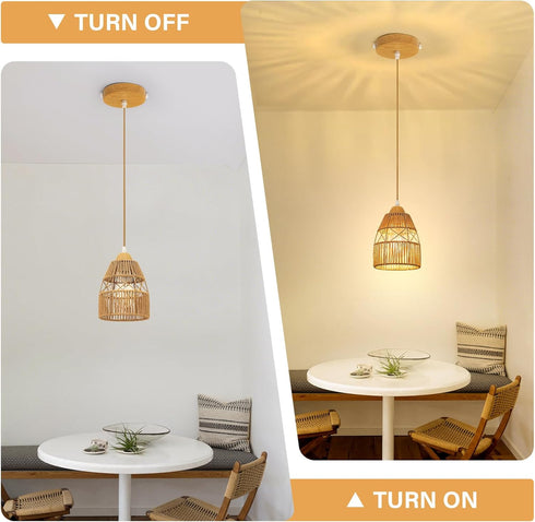 Boho Rattan Pendant Light Kitchen Island,Farmhouse Chandeliers Adjustable Height Hanging lamp for Dining Room,Small