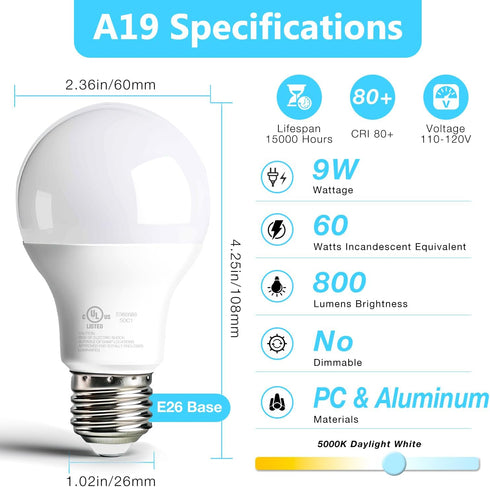 dalattin 12 Pack A19 LED Bulbs, 9W Equivalent 60 Watts, E26 Base, 5000K Daylight White, 800 LM, Efficient Energy Saving Lights for Living Room, Office, 80+ CRI, 120V, UL Listed by dalattin