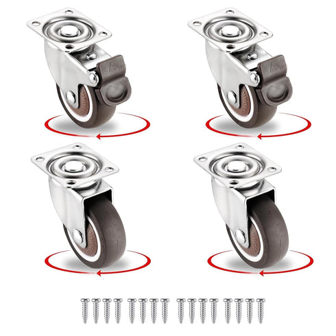 4 Pack Small Caster Wheels 2 Inch Low Profile Swivel Casters with 2 Brakes, Steel Top Plate, No Noise Ball Bearing