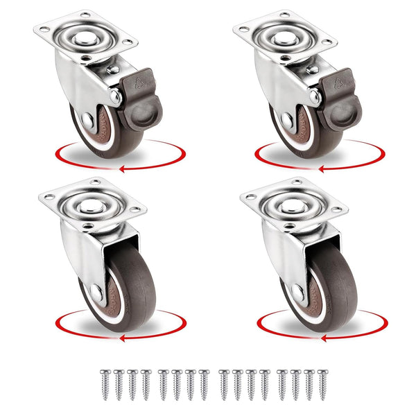 4 Pack Small Caster Wheels 2 Inch Low Profile Swivel Casters with 2 Brakes, Steel Top Plate, No Noise Ball Bearing