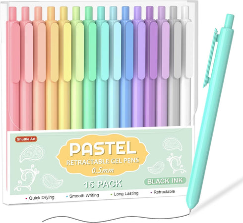 Retractable Pastel Gel Ink Pens, Shuttle Art 15 Pack, 0.5mm Fine Point for Writing Journaling
