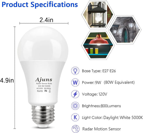 Radar Motion Sensor LED Light Bulbs, A19 9W, 5000K Daylight White, Motion Activated, E26 Base, for Hallway, Garage, 2