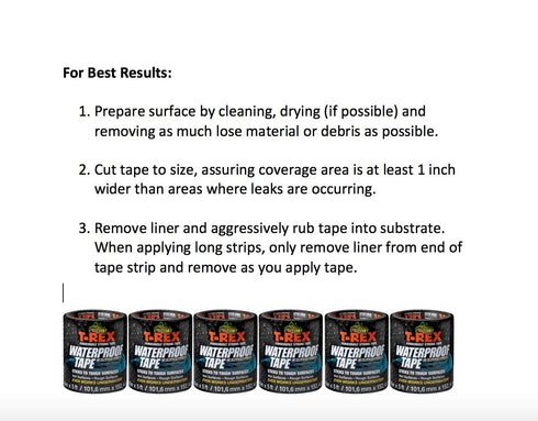 T-REX Heavy Duty Waterproof and Repair Tape for Wet or Rough Surfaces, 4" x 5'