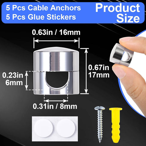 SmallCat 5 Sets Charger Holders for Cords, Silver Adjustable Cable Anchor Holders, Adhesive Metal Cord Clips, Cable