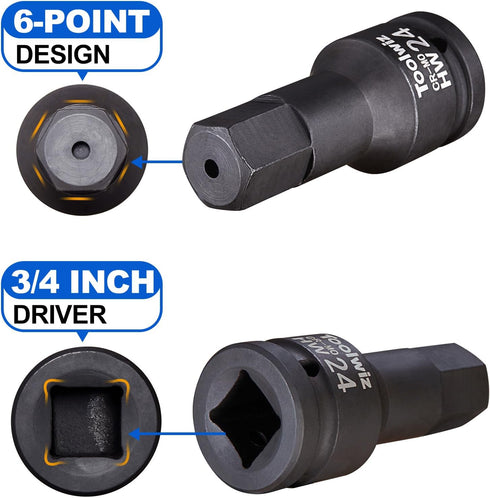 3/4 Inch Set, 5-Piece 14mm-24mm, Set, Toolwiz Drive Impact Hex Bit Metric Cr-Mo Steel, One-Piece Construction
