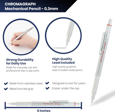 Pacific Arc Chromagraph Metal Mechanical Pencil .3 mm Silver Barrel Mechanical Pencil with Built In Adjustable Pencil Grade, Lead Pencil Holder for Drafting, Sketching, and Drawing by Pacific Arc