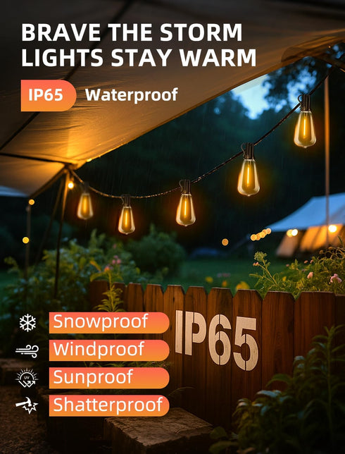 50ft: ST38 Bulbs 3 Outdoor Patio String Lights LED Shatterproof Modes Button Control - Waterproof Connectable Lights