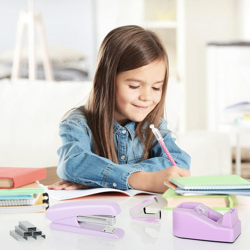 Office Supplies Set, Purple Stapler and Tape Dispenser with Staple Remover, 1000 Staples, Clips, Tape, Scissor, Tabs,