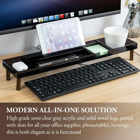 MyGift Modern Desktop Organizer Tray, Premium Translucent Dark Gray Acrylic and Solid Wood Over Keyboard Office Desk