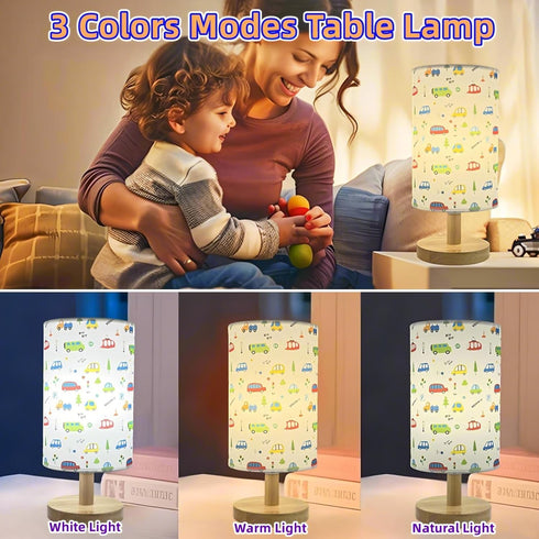 HAKSEIFA 3 Car Kids Table Lamp for Bedroom Boys Bedside Lamps Colors Wooden Nightstand Night Light with Cartoon Linen