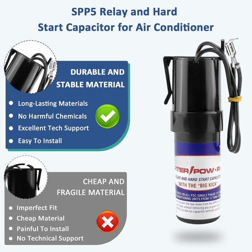 SPP5 Hard Start Capacitor for Air Conditioner,Increases Compressor Starting Torque 300% AC115V-288V from 4,000 BTU Window Units to 120,000 BTU Commercial Units(1/2 Thru 10 H.P.)-2packs