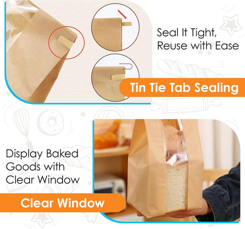 GOFOWRK 100 14" 8.3" 3.5" Pcs Large Kraft Bread Bags for Homemade Bread, x x Sourdough Bread Bags with Tin Tie Tab Lock