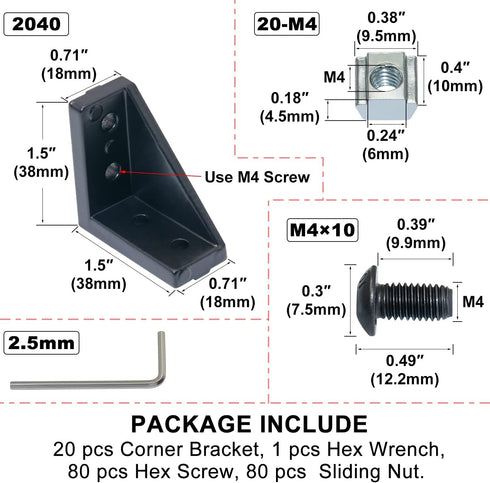 2040 Corner Bracket Kit,20pcs Corner Brackets 80pcs Hexagon Socket Screw 80pcs Slide Nuts and 1pcs Hex Wrenchs for Slot 6mm 20s Aluminum Extrusion Profile Rail Accessories 20sets Black