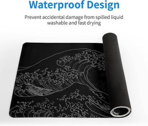 Large Japanese Sea Wave Mouse Pad, Extended Kanagawa Anime Black Gaming Mat, 31.5 x 11.8 Inch, 3mm Thick Non-Slip