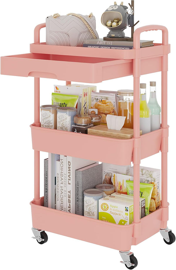 Calmootey 3-Tier Rolling Utility Cart with Drawer, Multifunctional Storage Organizer with Plastic Shelf & Metal Wheel,