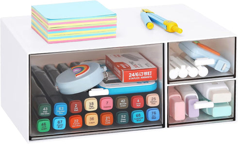 LETURE Desk Office Stationery Organizer with 3 Drawers, Plastic Vanity Makeup Organizer for Bathroom Counter (White-3