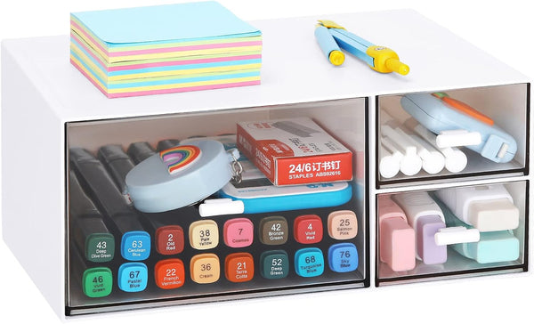LETURE Desk Office Stationery Organizer with 3 Drawers, Plastic Vanity Makeup Organizer for Bathroom Counter (White-3
