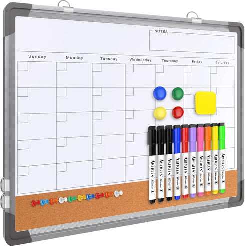 Monthly Calendar Whiteboard Cork Board Combination, 17"x13" Magnetic Dry Erase Board, Double-Sided, Portable for Home