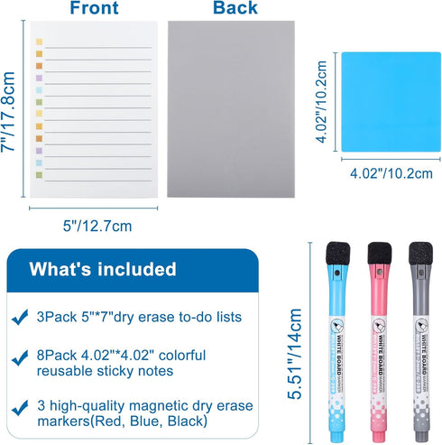 Yoption 3pcs Dry Erase to Do List 5''x7'', 8pcs Dry Erase Sticky Notes 4''x4'' and 3 Markers, Set of 14, Reusable Whiteboard Stickers Lined Stickies Planner for Wall, Fridge, Mirror, Desk, Glass