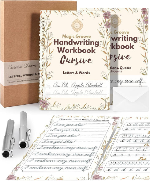 UNCLE EJ Grooved Cursive Handwriting Workbook Kit - Reusable Cursive Workbook for