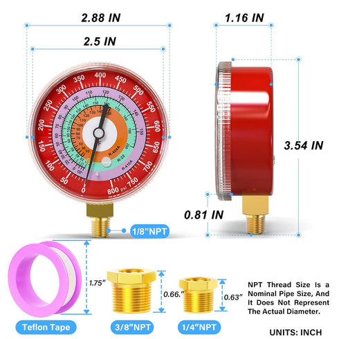 MEANLIN MEASURE Refrigeration Pressure Gauge, 1/8" NPT, 30 in HG to 250Psi, 2-3/4" Dial for R-404A, R-22, R-410A