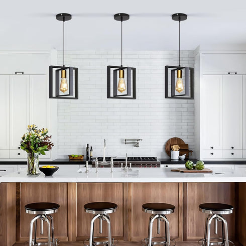 Black Industrial Farmhouse Pendant Light, Vintage Metal Rustic Hanging Light, Adjustable Height Kitchen Island Pendant