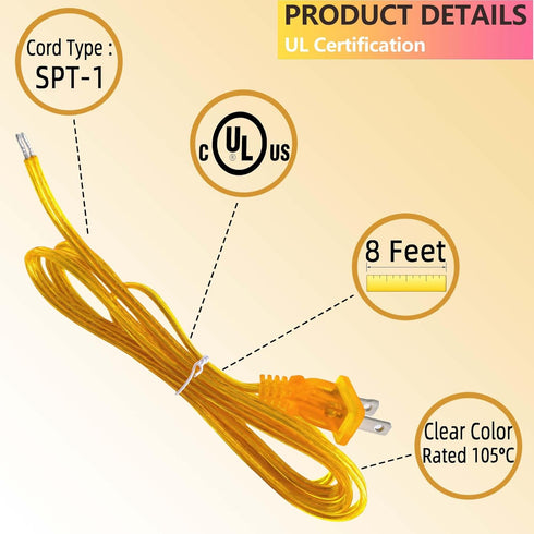 Clear Gold Lamp Cord, 8 Feet Transparent Replacement Lamp Cords for Lamp Repair, DIY Electrical Light Cable
