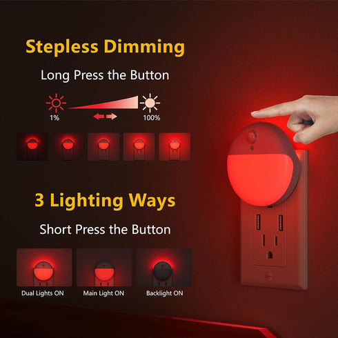 YUNLEX 2 Pack 3 0% Dimmable, Plug in Red Sleep Night Light with Motion Sensor and Dusk to Dawn Sensor, Modes, Soft