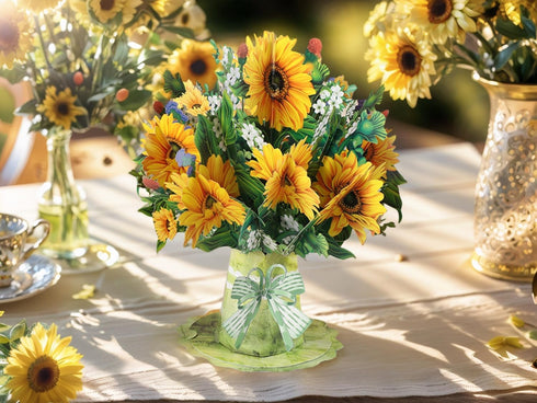 Sharonlily 3D Sunflower Bouquet Greeting Card, Forever flower Pop Up Bouquet Card with Blank Note & Envelope, Handmade