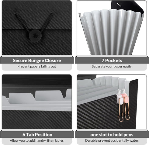 SKYDUE Expanding File Folder, 7 Pockets Accordion Organizer for Documents, Letter Size Filing Folder, Black