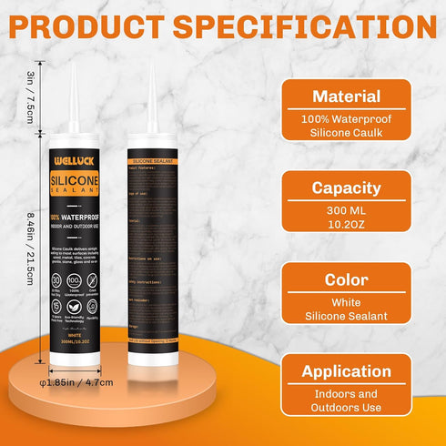 WELLUCK Silicone Caulk, 100% Waterproof Caulking Silicone Sealant Flexible Cartridge Adhesive for Kitchen, Bathroom, Window, Door, Glass, Bathtub, Shower, RV, Auto Leak Sealing (White, 10.2 OZ, 1Pack)