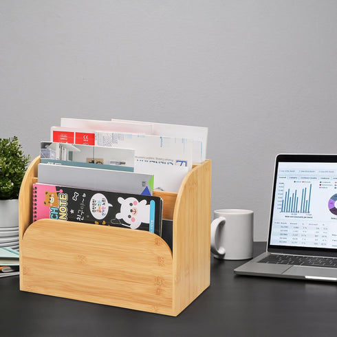 Jucoan Bamboo Countertop File Organizer, 4 Slot Vertical Wall Mounted Holder for Documents, Magazine Folder for Home