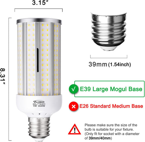 60W LED Corn Light Bulb, Large Mogul E39 Base, 6000-Lumen, 6500K Daylight Cool White,LED Bulb for Factory Warehouse Barn Garage Shopping Mall Supermarket Large Area AC85V-265V by Auzer