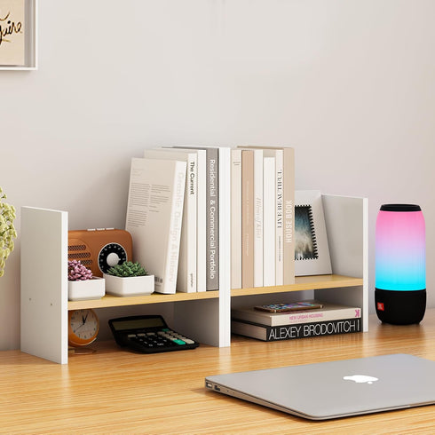 Small Desktop Bookshelf, White Desk Organizers and Storage, Expandable Desk Organization Shelves, Adjustable Narrow