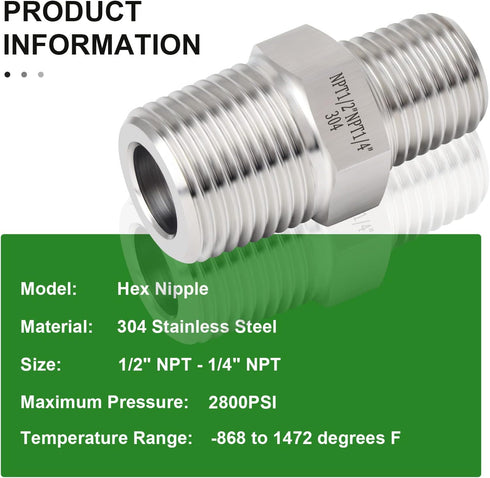 TAISHER 5PCS 304 Stainless Steel Hex Nipple, Reducer Pipe Fitting 1/2-Inch Male x 1/4-Inch Male