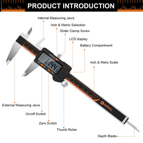 HARDELL Digital Caliper, 6 Inch Stainless Steel Measuring Tool, Large LCD Screen, Electronic Micrometer