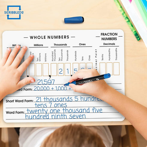 SCRIBBLEDO 10 Pack Place Value Board 9" x 12" Double Sided Dry Erase Boards for Teaching Math Values