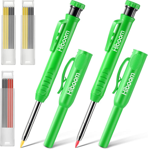 Hiboom 2 Pack Solid Carpenter Pencils with Pencil Cap and 18 Refills, Long Nose Mechanical Pencil Marker for