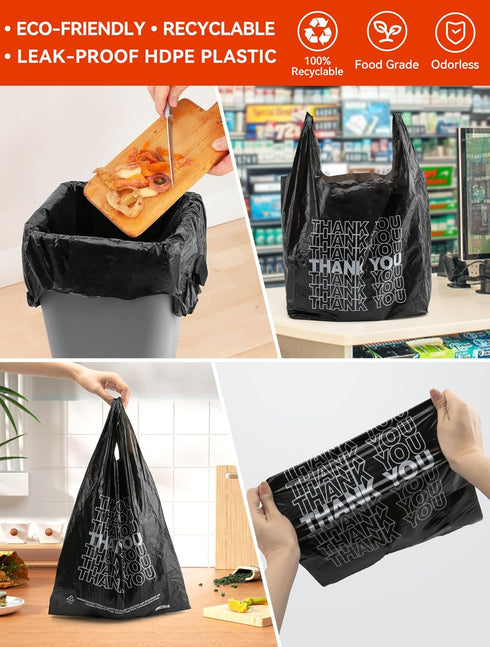 500 Count 12" 6" 22", 15 UMT Plastar Thank You Plastic Bags, x x Mic Black T Shirt Grocery Bags with Handles, Ideal