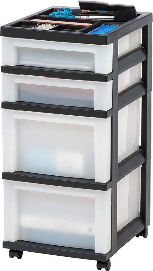 IRIS USA Plastic Drawer Storage Organizer Rolling Cart, 4-Drawers with Wheels for Classroom, Bathroom, Black/Pearl