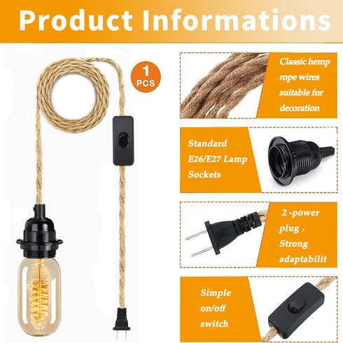 15ft, E26/E27 HESSION Rattan Wrapped Extension Hanging Lantern, Plug-in Pendant Light with Hemp Cord - Compatible