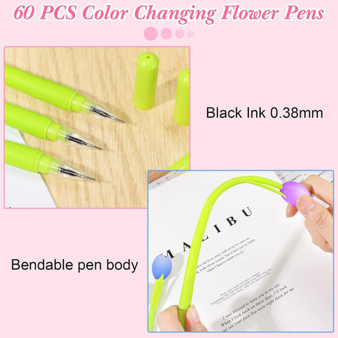 Zhehao 60 Pack Color Changing Flower Pens Tulip Ballpoint Pens 0.38mm Black Ink Creative Gel Ink Rollerball Pen Stationery for Kids Girls Birthday Gift Supplies, School Home Office Decor Party Favors by Zhehao
