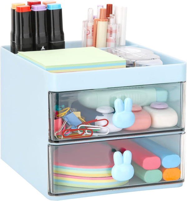 LETURE Small Desk Organizer With Drawer, Office Storage Box for Business Card, Pen, Pencil, Mobile Phone, Makeup